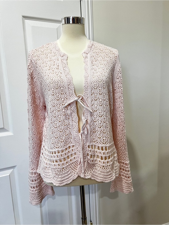 a.n.a Sweaters - Crochet Bell Sleeve Sweater Front Tie Closure Light Pink Size Large Cotton Knit